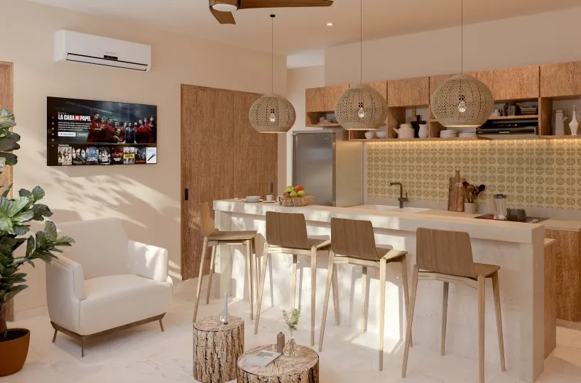 Cocina de Lik Organic con superficies de piedra sinterizada y diseño orgánico cálido