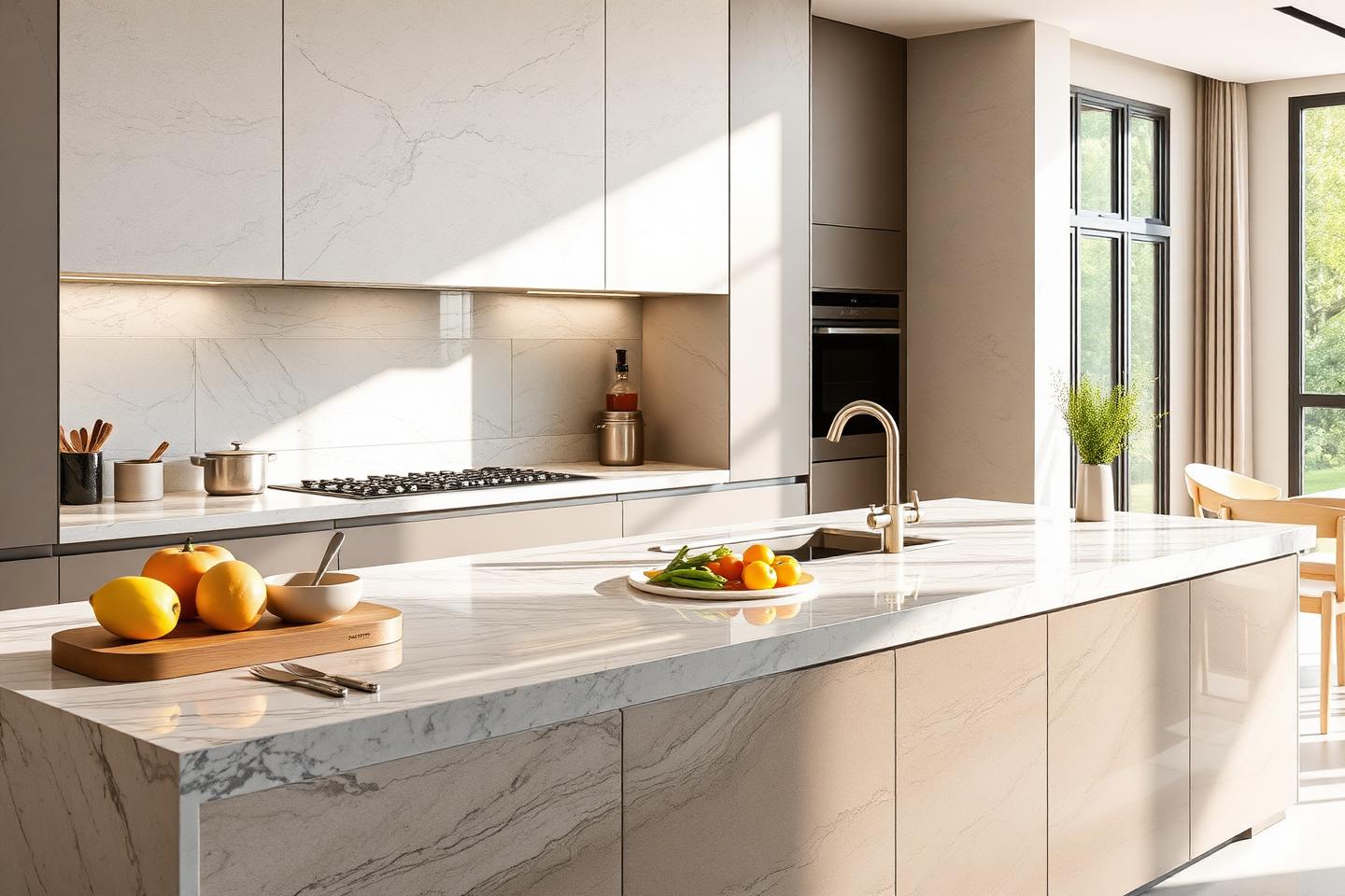 Cocina de lujo con cubierta de piedra sinterizada certificada para contacto con alimentos
