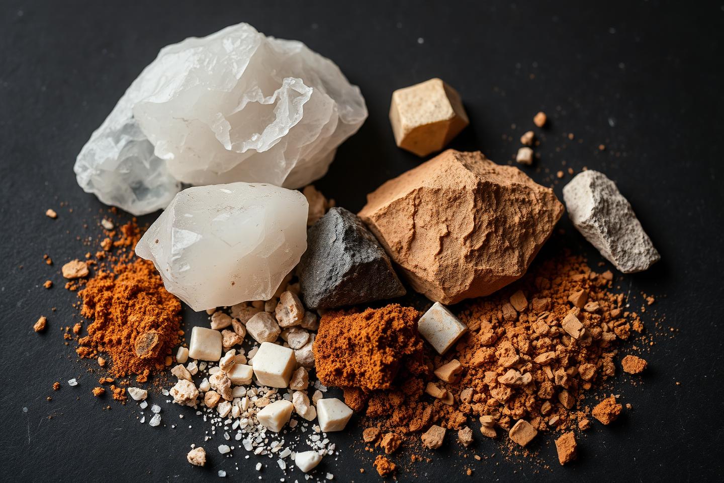 Minerales naturales —cuarzo, feldespato, sílice y pigmentos naturales— que componen la piedra sinterizada