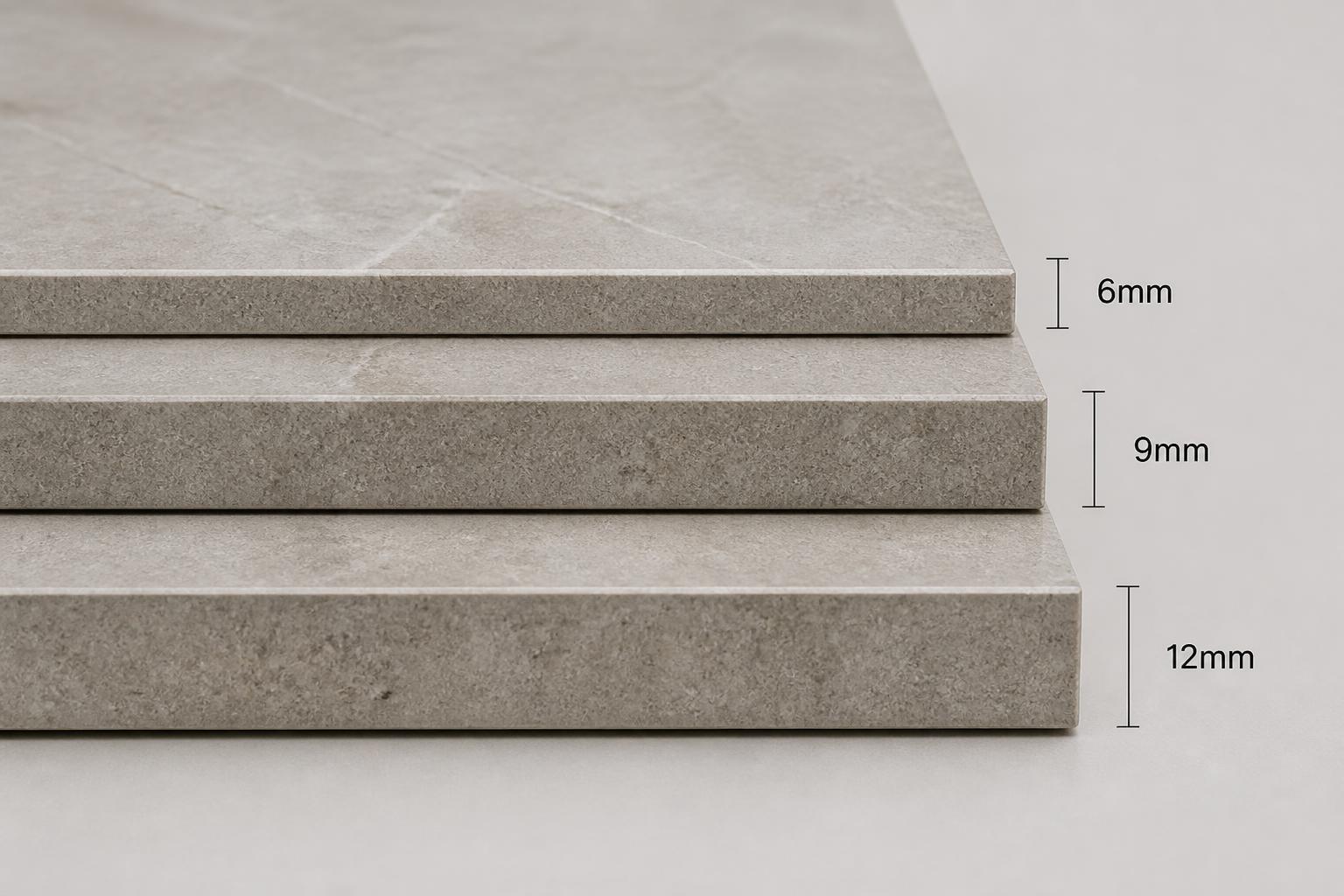 Tres placas de piedra sinterizada apiladas mostrando los espesores de 6 mm, 9 mm y 12 mm