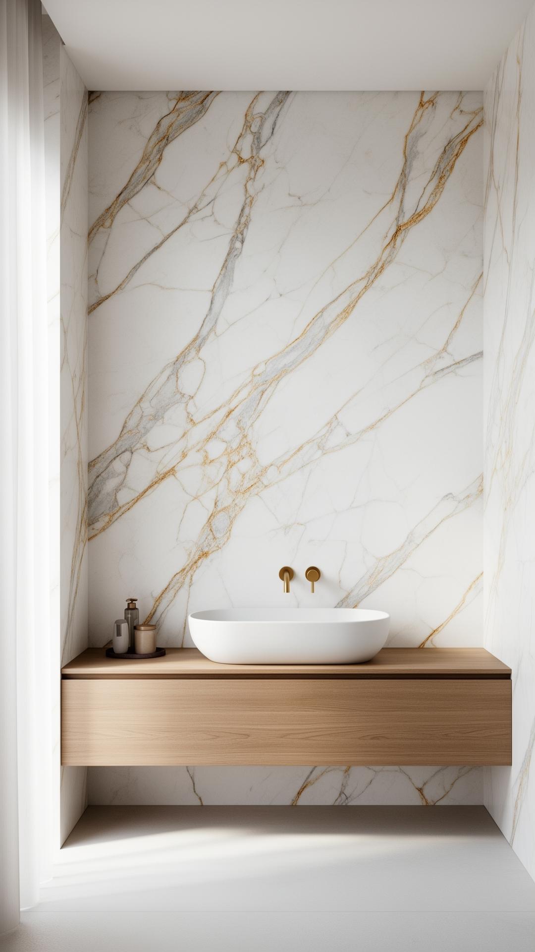 Baño minimalista revestido en piedra sinterizada de gran formato