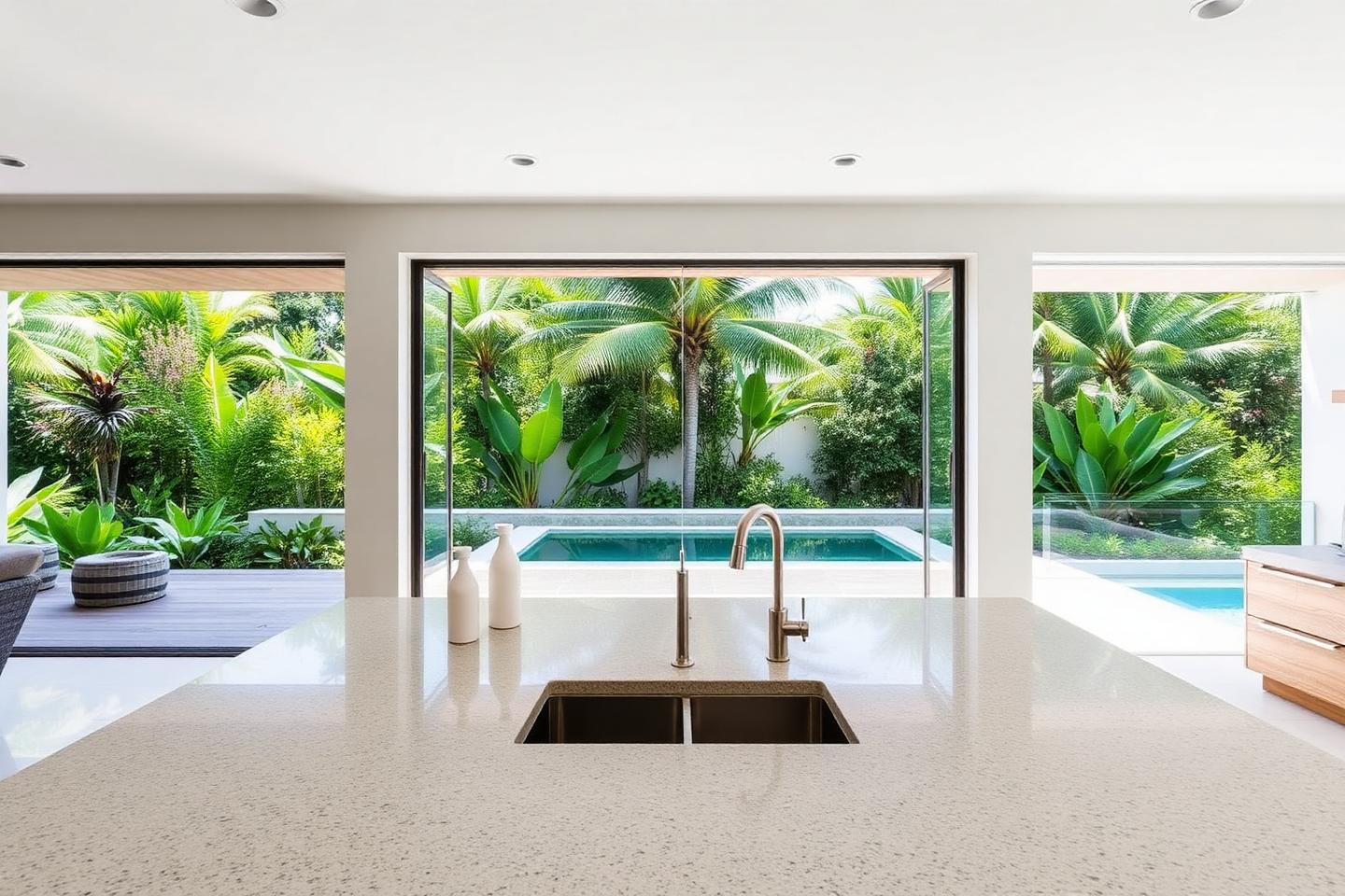 Cocina de lujo abierta al exterior con cubierta de piedra sinterizada y vista a jardín tropical