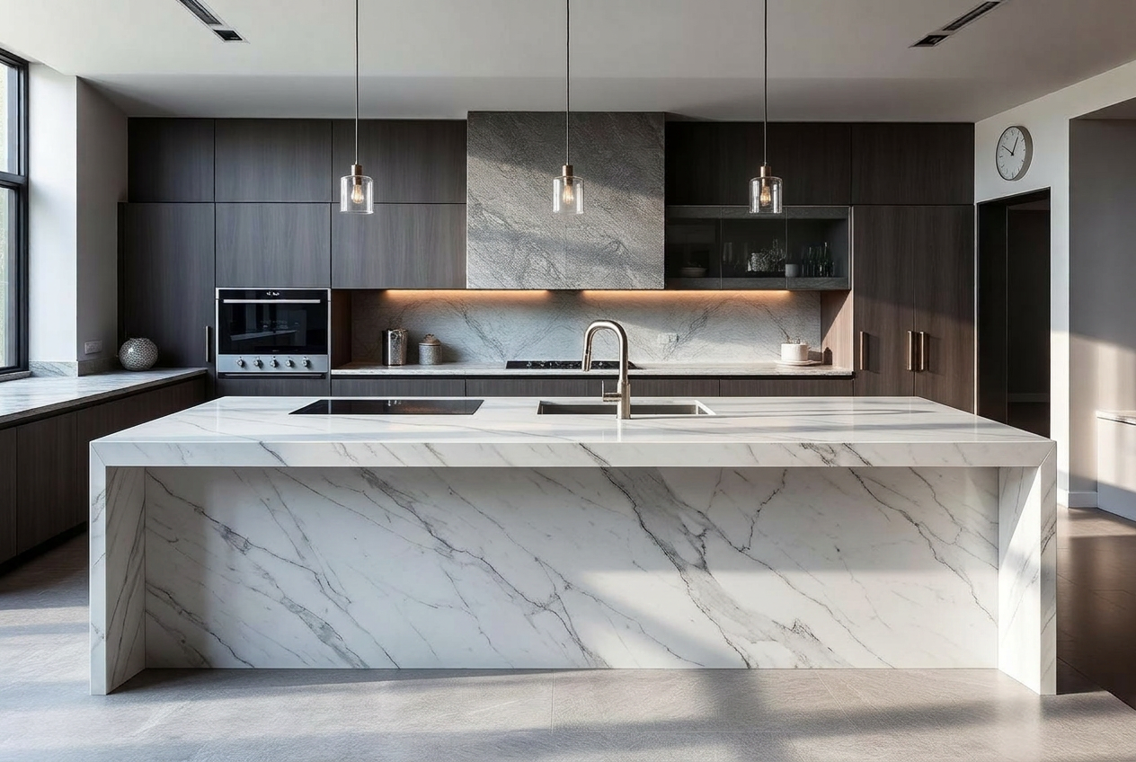Isla de cocina rectangular con efecto cascada en piedra sinterizada veteada y cantos a inglete