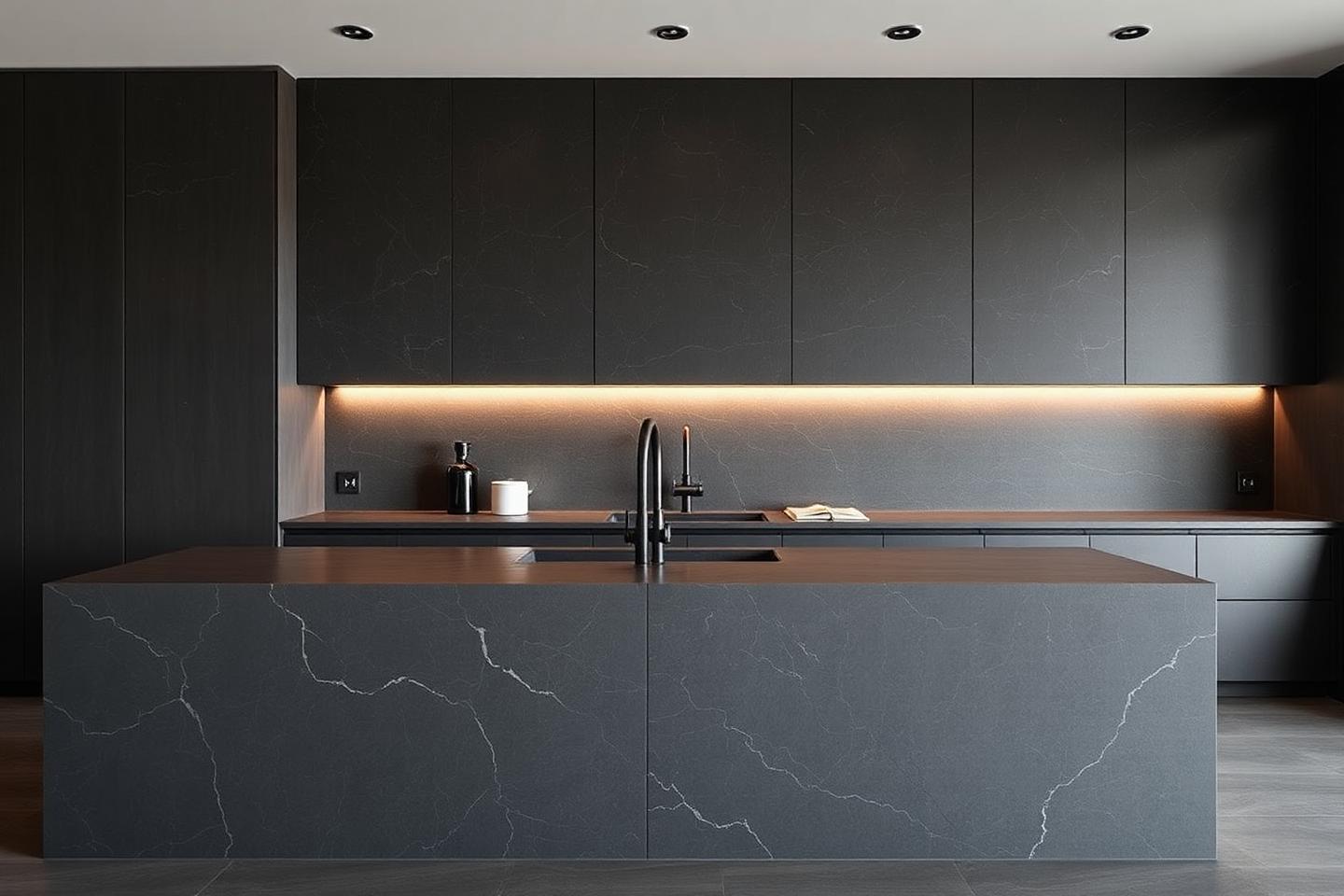 Cocina monolítica en piedra sinterizada oscura con frente, cubierta y muro del mismo material