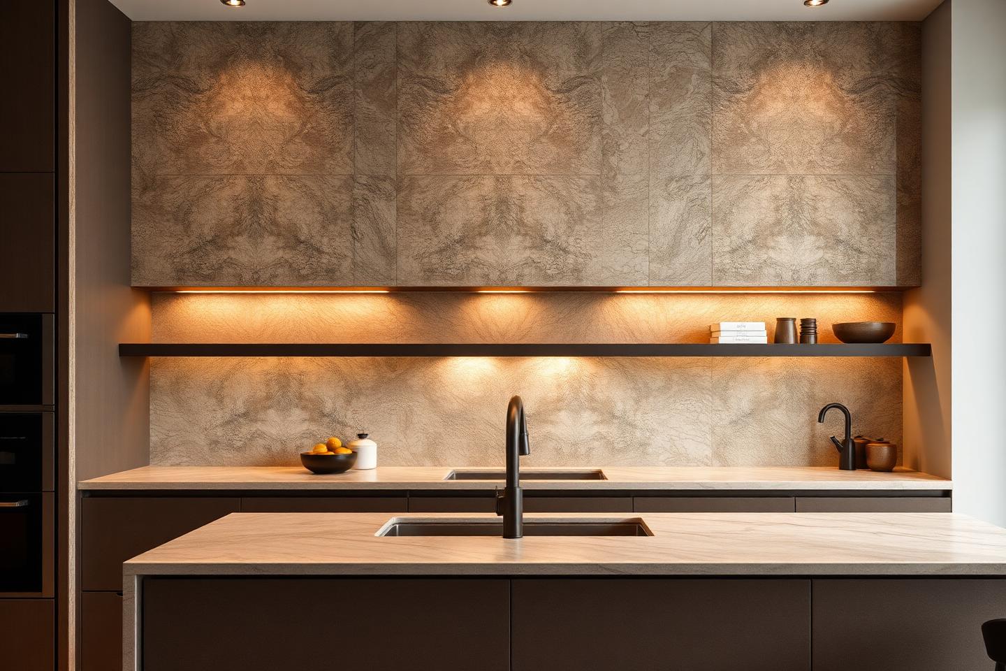 Muro de cocina de piso a techo revestido en piedra sinterizada de gran formato